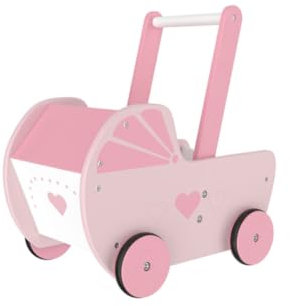 Generisch Puppenwagen aus Echtholz mit Schiebegriff für 48 cm Puppen, Rosa, Herz-Muster, ab 1 1/2 Jahren