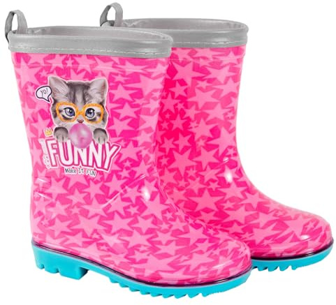 PERLETTI Bottes de Pluie Fille Chat Rose - Bottines Imperméable pour Fillette École Maternelle 3 4 5 6 Ans avec Étoiles - Galoches Chaussures Antidérapantes et Réfléchissantes (28/29 EU, Chaton)
