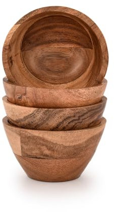 Indus Lifespace Juego de 4 cuencos de madera de acacia para servir ensaladas, frutas, aperitivos, frutos secos para cocina o mesa de comedor (4 unidades) (8,9 x 8,9 x 5 cm)