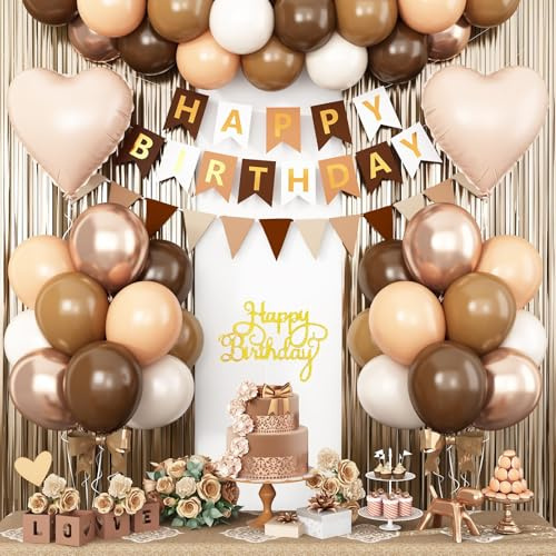 Brown Birthday Decorations,Happy Birthday Banner Beige Cream Neutral Boho Balloons Fringe Curtain Heart Foil Balloons for Women Boys Girls Baby Shower