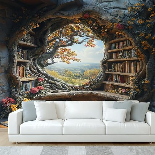 Bookshelf Wallpaper, Fantasy Tree Library Wall Mural, Wallpaper for Bedroom Living Room, Home Decor, Photo Wall Paper, 200 x 140 cm W&Q