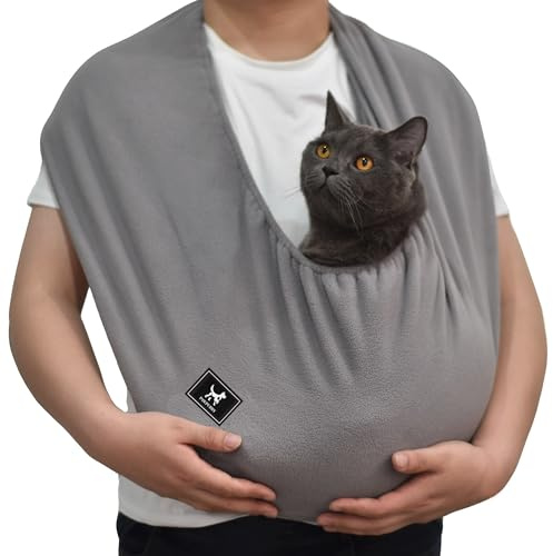 PAWPUBBY Polar Fleece Cat Sling Carrier – Fixed Elastic Strap for Snuggling, Ultra-Soft Hands-Free Pet Cuddle Bag for Indoor Use, Fits Pets 3-13 lbs (Dark Gray, Medium)