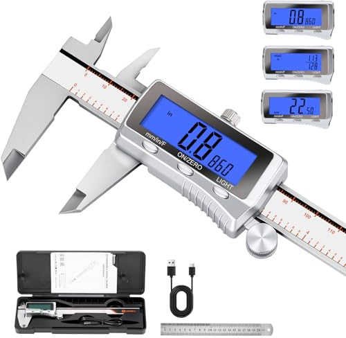 HARDELL Digital Caliper, Rechargeable Caliper Measuring Tool with Backlight LCD Screen, All Metal Calipers, Auto-Off Digital Micrometer, Inch/MM/Fraction for Household/3D-Printing-Rechargeable 6 Inch