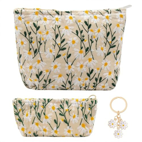 CHUANFU 2 stycken kosmetiska väska set kvinnor med tusensköna nyckelring, toalettväska makeupväska, bärbar sminkväska, sminkväska resor arrangör för resor barn flickor kvinnor
