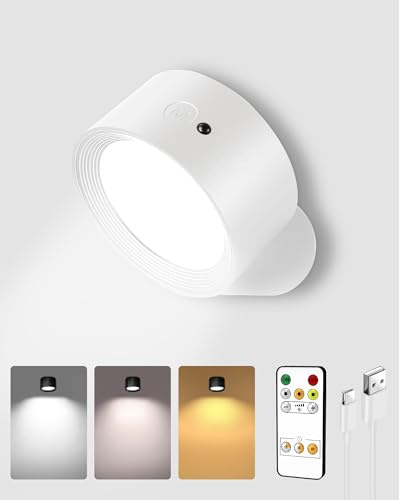 EZVALO LED Wall Lights, 2000mAh Rechargeable Wall Lights Indoor, 3 Color Temps with Remote and Touch Control, 360°Rotation Dimmable Cordless Wall Light for Living Room Bedroom (White, 1 Pack)