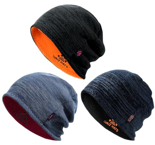 3 Pack Reversible Fleece Lined Beanie Hats for Men Women Winter Knit Hats, Black+blue Grey+blue, One size