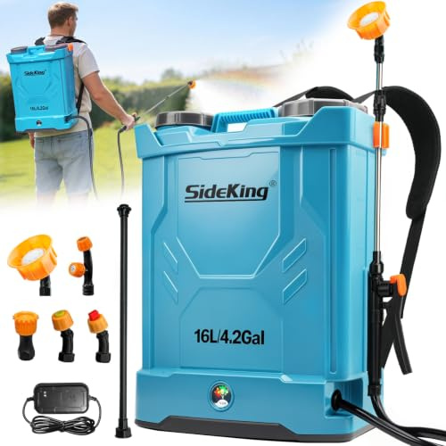 SideKing Akku Drucksprüher 16L, Rückenspritze mit starken 8,3 Bar & stufenloser Regelung, Doppel-Lanze, Rückenpolster, Gartenspritze & Unkrautspritze für Rasen, Wege und Pflanzenpflege (inkl. Lader)