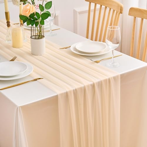 Bordslöpare beige chiffong 75 x 220 cm Boho rustik bomullsgasväv köksbord ostduk dekoration bordslöpare för bröllop fest födelsedag babyshower