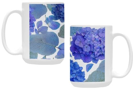 qenuh Blue Hydrangea Blossom Decor Ceramic Mugs Coffee Cup Smooth Glaze Finish 15 oz Classic Tea Cup for Hot Drinks, Office/Home Use