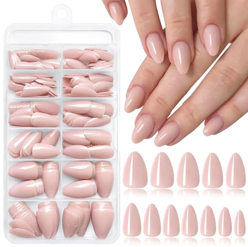 LunarCharm 240 Stück künstliche Fingernägel in Mandelform zum Aufkleben, kurze künstliche Fingernägel aus Acryl, Vollabdeckung, für Damen und Mädchen, 12 Größen, Nude