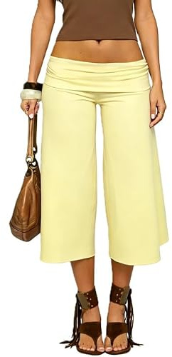 Women Gaucho Pants Fold Over Low Rise Capri Pants Wide Leg Cropped Flowy Pants Y2k Yoga Culotte Bottoms