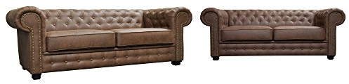 Sofas and More Astor Chesterfield Style Sofa Set 3+2 Seater Armchair Brown Faux Leather (3+2 Seater)