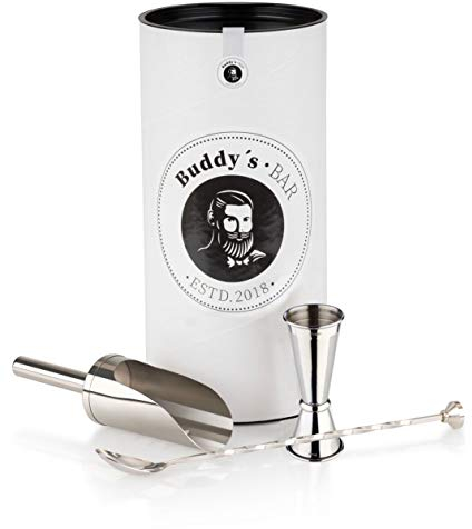 Buddy´s Bar - Gin-Tonic Set Piccolo, Jigger da 2,5cl / 5cl, Cucchiaio da Bar e Paletta per Il Ghiaccio in Acciaio Inossidabile Lucido, Longdrink-Set con Confezione Regalo Inclusa