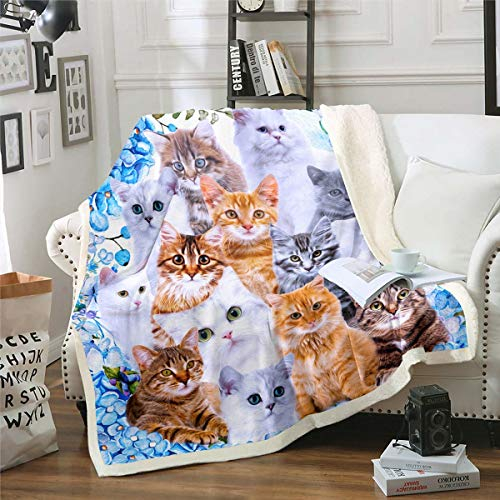 Kinder Nette Katze Kuscheldecke 130x150cm Karikatur Haustier Katzen Wohndecke für Kinder Niedliche Kätzchen Druck Decke Katzenliebhaber Tier Themed Design