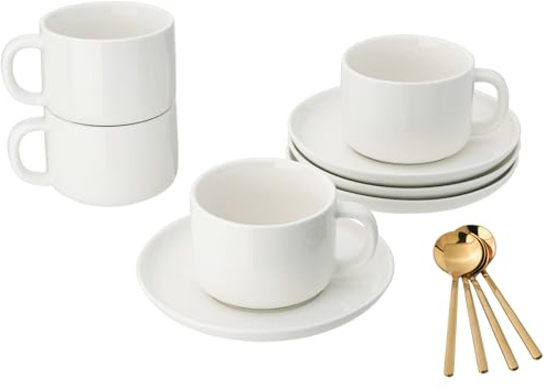 CHILDIKE 8oz Cappuccino Cups Set of 4, Ceramic Coffee Cups and Saucers Set with Spoons, Off-white Durable Coffee Cups for Cappuccino Espresso Latte Mocha Au Lait Macchiato Cafe