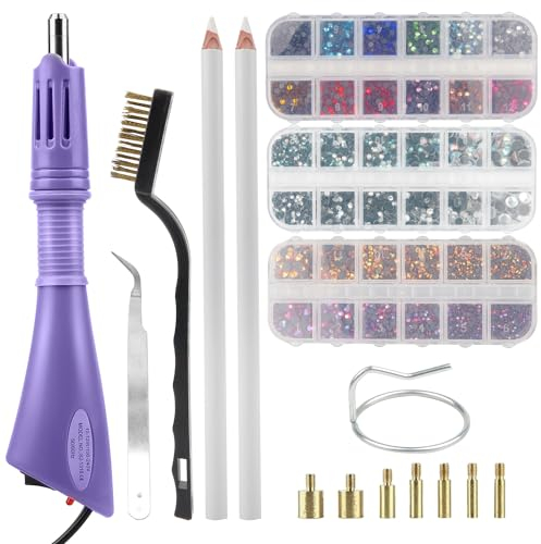 SWAWIS Aplicador Hotfix, 3 cajas de colores mezclados, parte trasera plana, gemas redondas de cristal, set de aplicador aplicador de estrás con 7 puntas, color morado