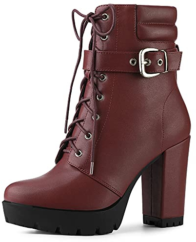 Allegra K Bottines à Talons carrés et à Boucle Plate-Forme pour Femmes Bourgogne 39