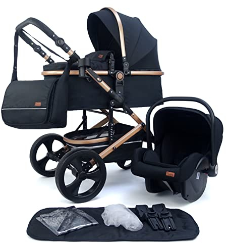 Pixini Kalani 3-in-1 Kombikinderwagen gold schwarz Premium Set – Babywanne, Buggy Sportsitz & i-Size Auto Babyschale, gefedertes Gestell, großer Einkaufskorb, Wickeltasche, Regenschutz, Federung