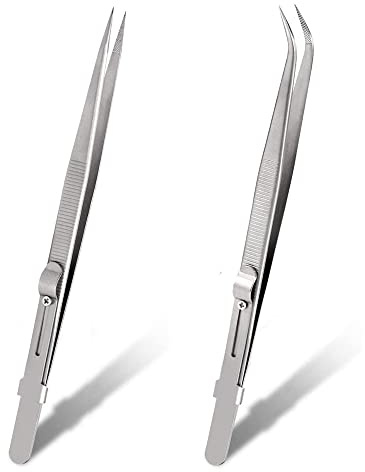 Bestgle 2 st precisionspincett set, rostfritt stål glidlåsning fina spetsiga spetsar rak och böjd spets pincett för smycken diamant sten GEM tillverkning hantverk