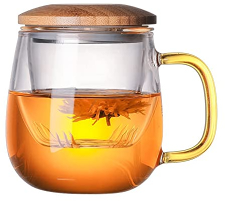 Hniuyun Glass Tea Infuser Cup, Glass Teacups with Strainer and Lid for Loose Leaf Tea, Blooming Tea, Tea Bag, Ice Coffee (14.2oz/ 420ml)