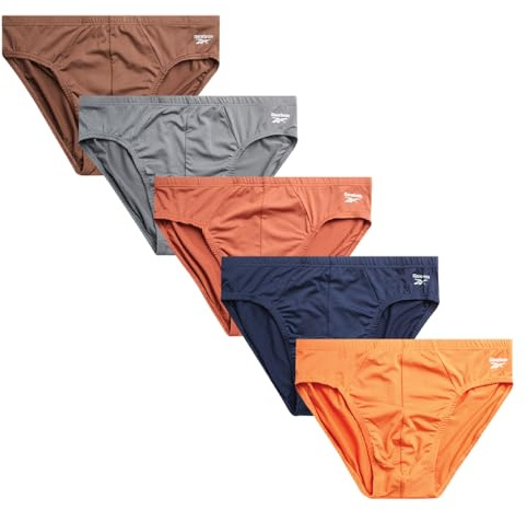 Reebok Mens Low Rise Briefs - 5 Pack Athletic Performance Mens Underwear Briefs with Contour Support Pouch for Gym Daily Wear, Size Large, Blue/Orange/Grey
