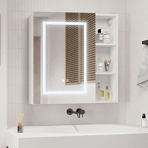 Mepplzian 70 * 70 LED Bathroom Cabinets with Lights,Illuminated Mirror Cabinet with Defogger,Mirrored Cabinets Wall Mounted,Surface Mount Bathroom Mirror with Storage
