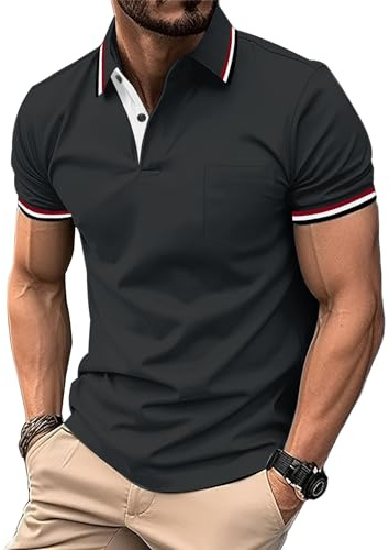 zitysport Polos Homme Manches Courtes Sport Tennis Shirt Respirant Fonctionnel avec Poche Chemises Eté Golf Extérieur Slim Fit Polo Hommes Golf Poche Poitrine Regular Fit Tshirt(Gris Foncé-XL)