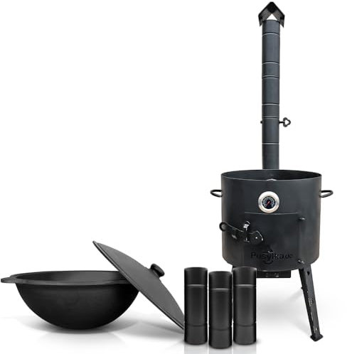 Utschak - Horno de fuego con tubo de horno extraíble, olla de hierro fundido con base redonda con tapa (16 L), KazanoFF, Учаг, Kazan Outdoor Brasero, Camping, Kazan, Cañón de goulash Horno holandés
