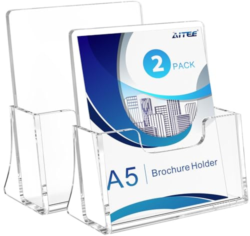 AITEE A5 Clear Leaflet Holder: Acrylic Brochure Dispenser Freestanding Booklet Flyer Stand for Counter Office Restaurant Reception - 2 Pack
