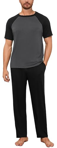 Bresdk Pigiama Uomo Cotone 2 Pezzi con Pantaloni Lunghi e Tasche | Completo da riposo leggero con maglia a manica corta e vestibilità morbida, pratico per mezze stagioni, sonno e relax