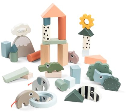 Done by Deer Set de Blocs de Construction 34 pièces – Jouet en Bois Deer Friends – Motricité & Imagination – Multicolore