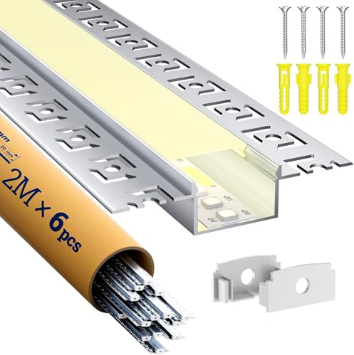 LASLUX 6 x LED-gipsprofil, 2 m, aluminiumprofil för remsa, infällda kanaler och diffusor, ytmonterad för indirekt belysning, Decker (LED, Drywall Profile, 2 m, 6)