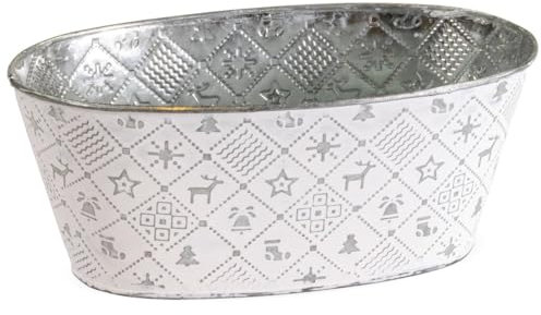 Macetero ovalado para decoración de invierno, maceta en 24 x 13 x 10 cm, color plateado – Maceta de metal como decoración navideña – Cuenco decorativo para plantas de interior, maceta para alféizar de