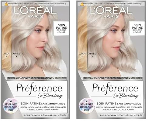L’ORÉAL PARIS - Soin Patine Post-Décoloration - Neutralise les Reflets Orangés & Nourrit les Cheveux - Sans Ammoniaque - Préférence Le Blonding - Teinte : Blond Cendré (01) (Lot de 2)