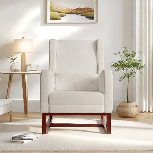 Aneutr Fauteuil a Bascule avec Repose Pied, Chaise à Bascule Allaitement, Rocking Chair Coussin Lombaire et 2 Poches latérales, Pieds en Bois Massif pour Chambre, Salon (Lin Beige)
