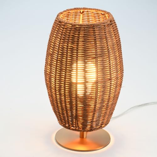 MAINDECO Boho Style Rattan Table Lamp,Dimmable Bamboo Desk Lamp,Timer Build in,Oven Brown Rattan