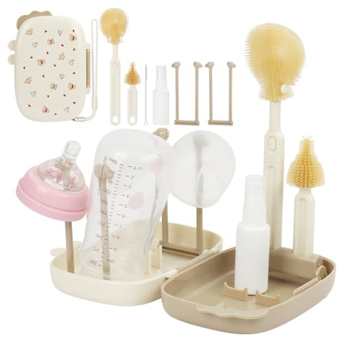 Vicloon 6-i-1 reseset för nappflaskor, bärbart set med nappflaskborste i silikon, sugrörsborste, nappborste, flasktork och dispenserflaskor, BPA-fri (brun)