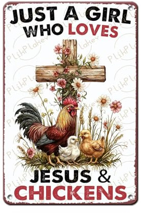 Funny Chicken Tin Sign Just A Girl Who Loves Jesus Chickens Vintage Wall Decor Coop Farmhouse Kitchen Garden Fence Backyard Poster Women Girls Gifts 12x8 Inch