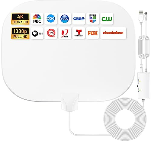 2026 Antenne TV Intérieure Améliorée, 650KM+ Antenne TNT Intérieure à Longue Distance, Réception HD à 360° Chaînes TV Locales, Compatible avec Les TVs Intelligents et Anciens, Câble Coaxial de 10M