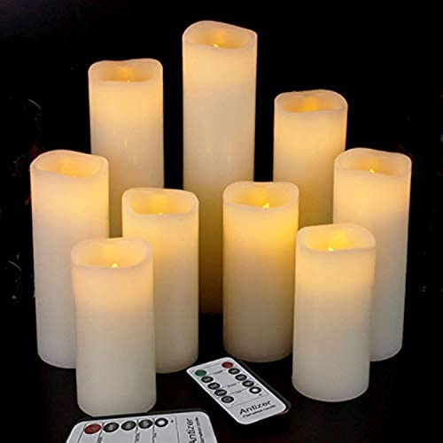 antizer Flameless Candles Led Candles Pack of 9 (H 4 5 6 7 8 9 x D 2.2) Real Wax Battery Candles with Remote Timer for Home Fireplace Decor Wedding Festival Decor (Ivory 9 Pack)