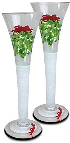 Golden Hill Studio Hand Painted Champagne Flutes - Set of 2 - Mistletoe Love Collection - Hand Painted Glassware by USA Artists - Unique and Decorative Champagne Tulip Glasses, Kitchen Table Décor