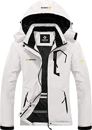 GEMYSE Chaqueta de Esquí Impermeable de Montaña para Mujer Abrigo de Invierno de Lana Antiviento con Capucha (Blanco 01,S)