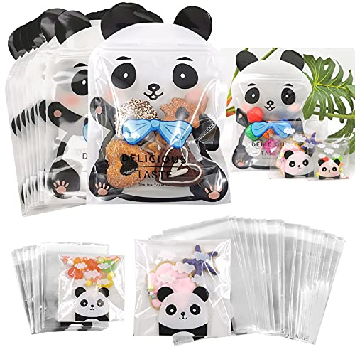 Pandaonly 300Pcs Self Adhesive Candy Bags (4in/2.7in 2 Sizes), Cute Panda Cellophane Cookie Bags with 8Pcs Resealable Bags, Plastic Pastry Bags Party Favor Bag for Bakery, Biscuit, Chocolate