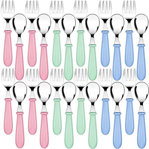 Honeydak 24 Pieces Toddler Utensils Kids Silverware Set Spoons and Forks with Round Handle Toddler Stainless Steel Kids Cutlery Spoons and Forks for Safe Dining Lunch Box Kitchen