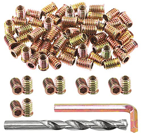 Swpeet 60Pcs 5/16” - 18 x 20mm Carbon Steel Color Zinc Plated Wood Inserts and 11mm Twist Drill with 1Pcs Wrench Assortment Kit, Bolt Furniture Screw in Nut Threaded Hex Socket Drive