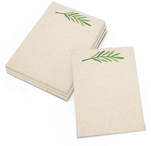 321Done Greenery Cards, (Set of 50) 4x6 Kraft - Made in USA, Watercolor Green Leaves on Tan Cardstock, Perfect for Thank You, Wedding, Graduation Notes - No Envelopes
