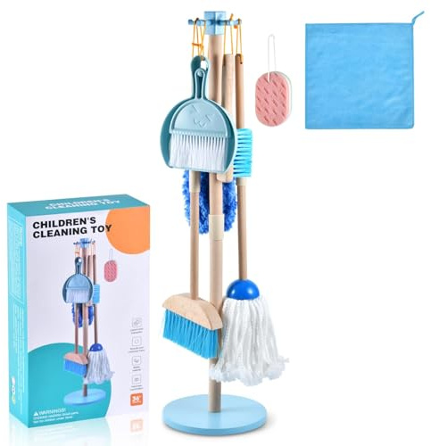 WHOHOLL 9 Pcs Wooden Kids Cleaning Toy Set, Cleaning Toys for Toddlers 3-6, Housekeeping Play Set Includes Broom Mop Duster Dustpan Sponge and Organizing Stand, Christmas Birthday Gifts for Boys Girls