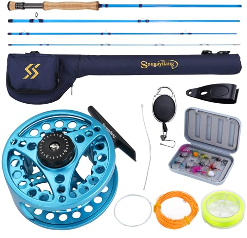 Sougayilang Fliegenfischrute und Rolle Combo, 4-teilige Fliegenrute und Spule aus Aluminiumlegierung, komplettes Starterpaket mit Rutentasche, Blau #8