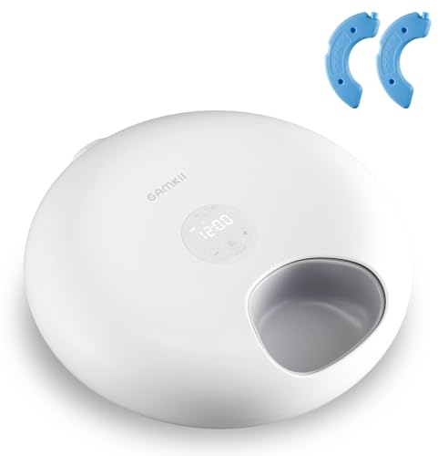 GAMKII Automatic Cat Feeder for Wet Food, 6 Meals Cat Food Dispenser with 2 Ice Packs, BPA-free ABS Food Tray and Programmable Timer, Rechargeable Cordless Auto Pet Feeder for Cats Small Dogs