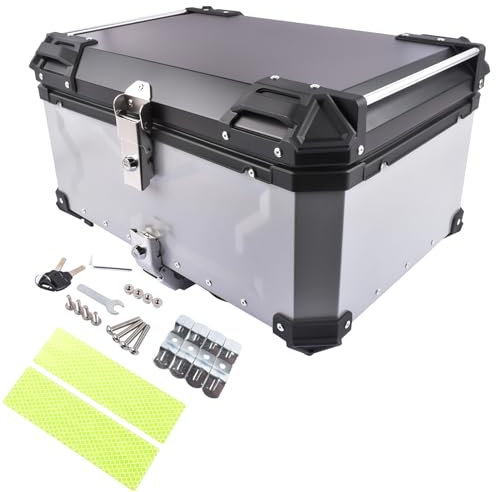 GELUOXI 65L Aluminum Capacity Motorcycle Rear Box Universal Motorbike Top Case Scooter Luggage Storage Tour Tail Box Waterproof Motorcycle Top Case with Security Lock for Luggage Storage Silver